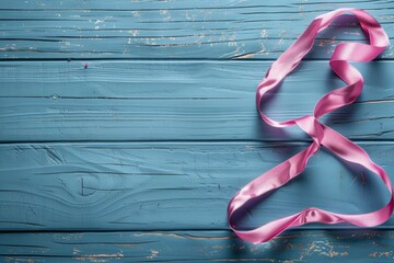 Wall Mural - A pink ribbon is laying on a wooden surface