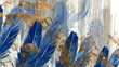 Background with abstract artistic elements, feathers, blue, gold brushstrokes