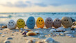 row of rocks with smile faces on them on the shell beach . travel concept
