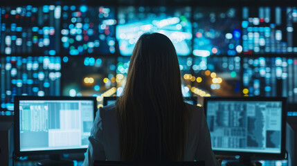 Cyber security woman behind computer and information or network protection. Future technology web services for business, Data protection technology. Online internet access cyber attack and business da