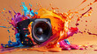 A dynamic explosion of colorful paint splashes around a black speaker against an orange backdrop, symbolizing energy and sound.