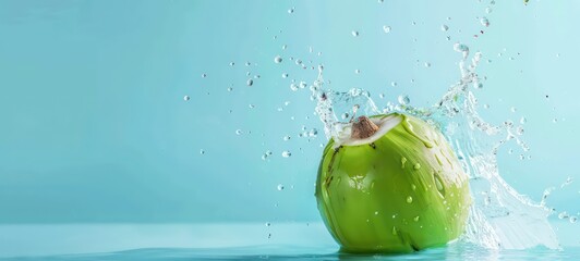 Coconut water splashing out of a fresh green coconut isolated on a pastel summer blue background with copy space