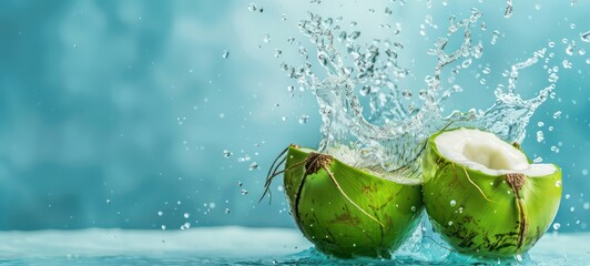 Coconut water splashing out of a fresh green coconut isolated on a pastel summer blue background with copy space