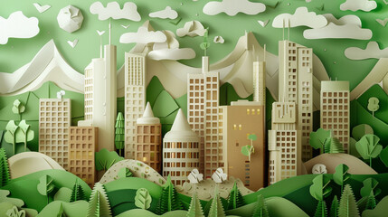 Wall Mural - genarate me eco city paper art style brown white green colour