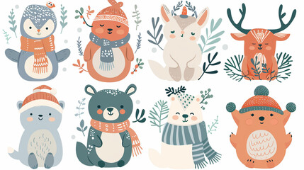 Wall Mural - Set of cute winter smiling animals. Cartoon zoo. Vector illustration. Posters for the design of children products in scandinavian style