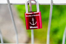 Red Love Lock With Names And Anchor Symbol