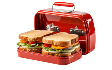 A vibrant red lunch box containing two delicious sandwiches ready to be enjoyed