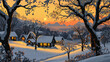 Snowy winter magnificence, romantic village, golden sunset, cozyhouse with warmly lit windows