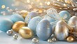 beautiful easter background of painted light blue easter eggs with golden decorations festive greeting card banner format