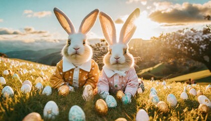 Wall Mural - funny kids wearing funny bunny easter eggs suits fun filled easter wonderland photo shoot generative