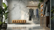A modern fashion boutique ambiance featuring a customizable marketing template on a chic marble-patterned wall.