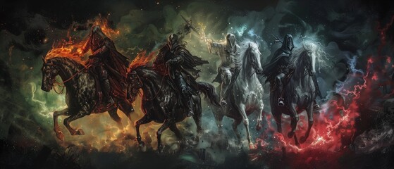 Four Horsemen of the Apocalypse on black background. A biblical illustration of end-time events