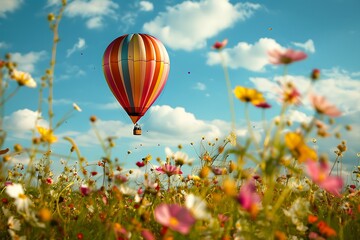 Wall Mural - : A tiny hot air balloon soaring through a field of oversized wildflowers in bloom.