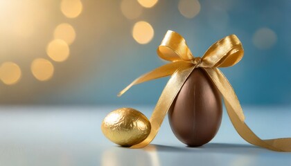 Wall Mural - easter egg chocolate wrapped with golden ribbon bow and small gold egg blue light background with copy space