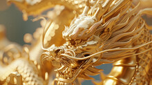 The Golden Sculpture Of A Chinese Dragon Is In A State Of Being Ready To Attack. The Character Of This Statue Is Built According To The Myths Of Ancient Chinese Society.