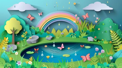 Sticker - In this illustration of a wonderful pond in the rainy season, features water splashes, raindrops, rainbows, flowers, plants, grass, butterflies, rocks, and a sky. Modern illustration.