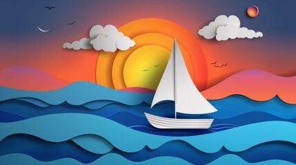 Poster - Illustration of a sunset seascape with a floating sailing boat in the sea in the evening. Modern illustration with a paper cut style.