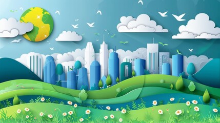 Sticker - Landscape in paper art and digital craft style with green eco urban city, Earth day and World Environment Day concept in eps 10.