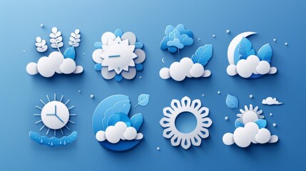 Poster - Icons set on a blue background. White clouds, dew on leaves, fog sign, days and nights for the forecast. Winter and summer symbols, sun and thunderstorm symbols.