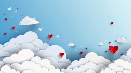 Poster - The banner features a blue sky and paper cut clouds. There is a place for text. Happy Valentine's Day header or voucher template with hearts.