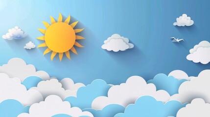 Aufkleber - Animated cloud and sun illustrations. Summer sunny day with blue sky and white clouds. Sun and cloudscape, cloud origami illustration.