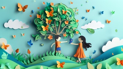 Poster - World Environment Day, boy and girl taking care of a tree together. Illustration and 3D model.