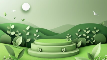 Poster - An illustration of a 3D Cylinder podium on a green nature backdrop. An illustration to be used for an Earth Day or World Environment Day banner template.