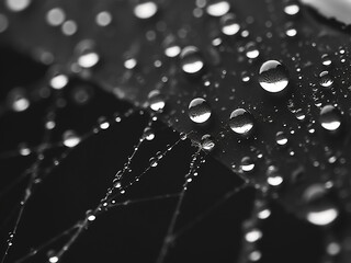 Monochrome photo highlights spider web with dewdrops in morning light.