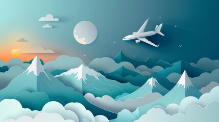 Aufkleber - Illustration of nature landscape with plane flying on sky with cloud and mountain. Design made in the style of paper art and digital craft.