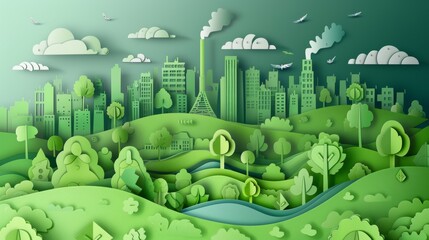 Wall Mural - Urban landscape concept with industrial factory buildings in a green eco-friendly style. Modern illustration.