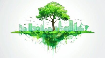 Canvas Print - ECO and nature concept. Tree with seeds and green city with environment conservation. Modern illustration.