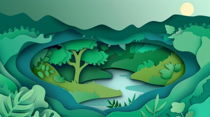 Canvas Print - Nature landscape and eco-friendly concept. Paper carved art style design concept for environment conservation. Modern illustration.