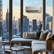 Urban Oasis: Depict a bustling cityscape with skyscrapers towering overhead, juxtaposed with a serene oasis of comfort within a modern apartment. Generative AI