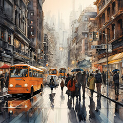 Canvas Print - A bustling city street with people in motion. 