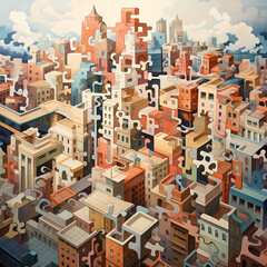 Poster - A cityscape where buildings are shaped like giant puzzles