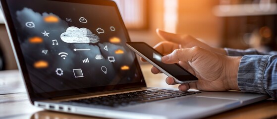 Poster - The cloud computing and social networks interface on a laptop, tablet, and smartphone