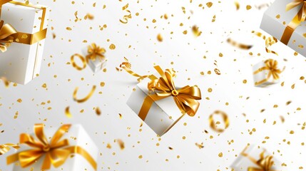 Poster - New Year's and Merry Christmas 2022 white gift boxes with golden bows confetti on white background. Gift boxes fall and fly. Modern illustration EPS10.