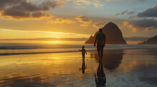 Silhouettes Of Father And Baby Enjoying Sunset On Morro Bay Beach, California, USA