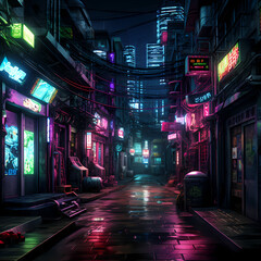 Poster - Neon-lit cyberpunk alleyway. 