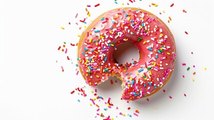 Poster - Isolated on white background, a strawberry donut with colorful sprinkles is biting into a hot donut.