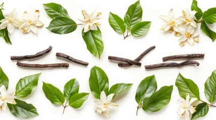 Poster - As a design element for a vanilla package, vanilla flowers and leaves isolated on a white background