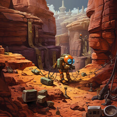 Sticker - Robot rodeo in a Martian canyon.