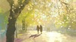 Couple walking in a park under the blossoming trees on a beautiful spring day. A lovely couple walks through a picturesque park filled with vibrant trees and blooming flowers.