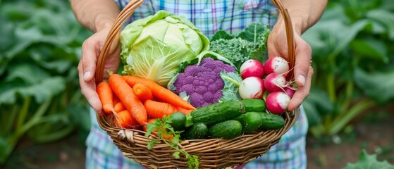 Poster - Vegetable basket (cabbage, carrots, cucumbers, radish and peppers) in the hands of a farmer with a natural background Concept of biological, bio products, bio ecology, vegetables grown by yourself,
