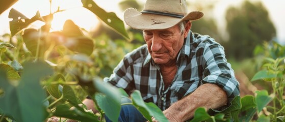 Poster - An experienced farmer agronomist checks crops before harvest in an organic soybean field.