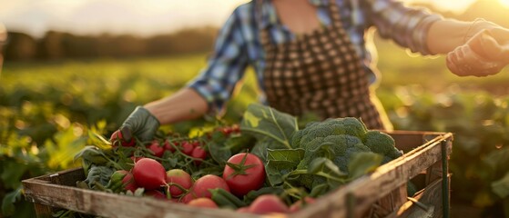 Sticker - An anonymous chef harvests vegetables in an agricultural field. An organic farmer arranges freshly picked vegetables into a crate.