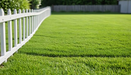 Green smooth lawn against the background of a white fence. Green lawn surrounded by a fence.