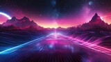 Fototapeta  - Futuristic set. Retrowave, synthwave, rave, vapor wave, cyberpunk party background. Vector light grid landscape. Retro, vintage 1980s, 1990s style. Black, purple, pink, blue neon colors. Print, poster