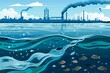Environmental pollution concept with industrial wastewater discharge pipe contaminating river and ocean, dirty sewage water flowing into sea, ecological damage illustration