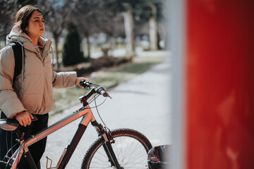 Wall Mural - A young woman with a bicycle stands in a park, bathed in sunlight, depicting a relaxed outdoor activity moment.